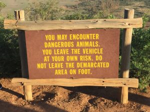 Sign from Pilansberg game reserve that reads "You may encounter dangerous animals. You leave the vehicle at your own risk. Do not leave demarcated area on foot."