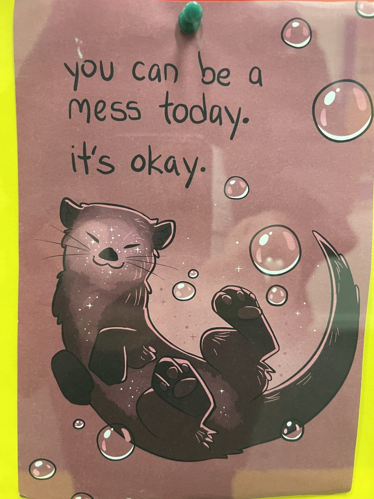 A sign that says “You can be a mess today. It’s okay” with a picture of an otter.