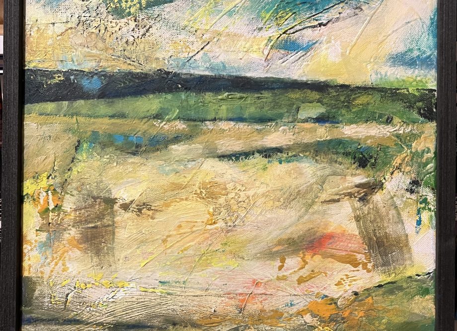 An abstract painting of the beach at Tentsmiur in Fife. Predominanltly bright yellows with a windswept vibe.